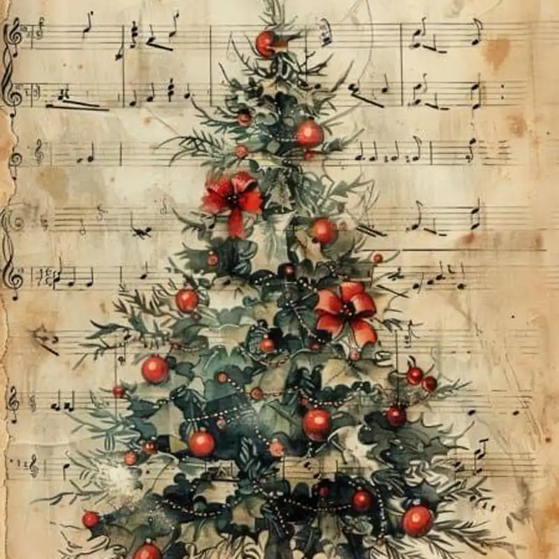 albero di natale con palline rosse su sfondo pentagramma vintage